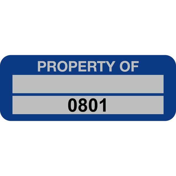 Lustre-Cal Property ID Label PROPERTY OF 5 Alum Blue 2in x 0.75in 1 Blank Pad&Serialized 0801-0900, 100PK 253740Ma2Bd0801 - main